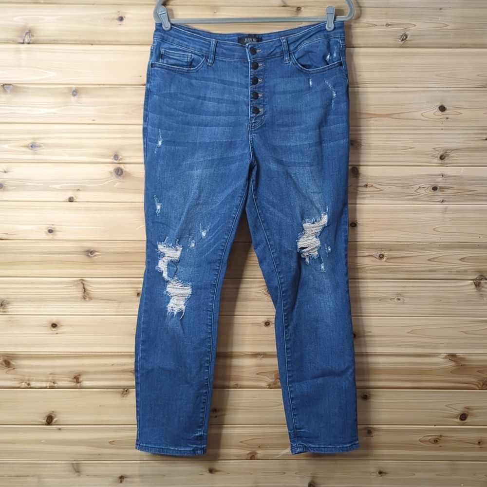 Judy Blue Jeans Womens 15/32 Blue Boyfriend Fit Distressed Medium Wash
